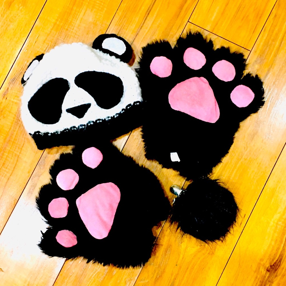 Panda Bear fingerless gloves - crochet hat - clip on tail - - Halloween …